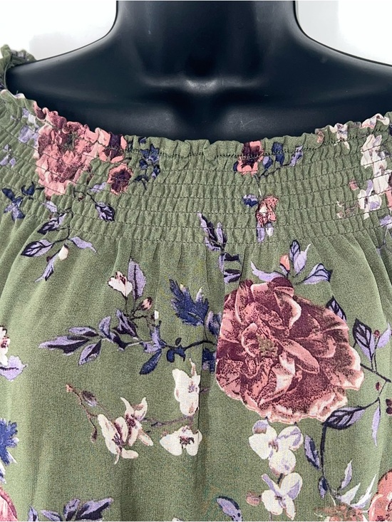 Blue Rain Olive Green Floral Mini Dress with Pink Roses - Picture 4 of 12